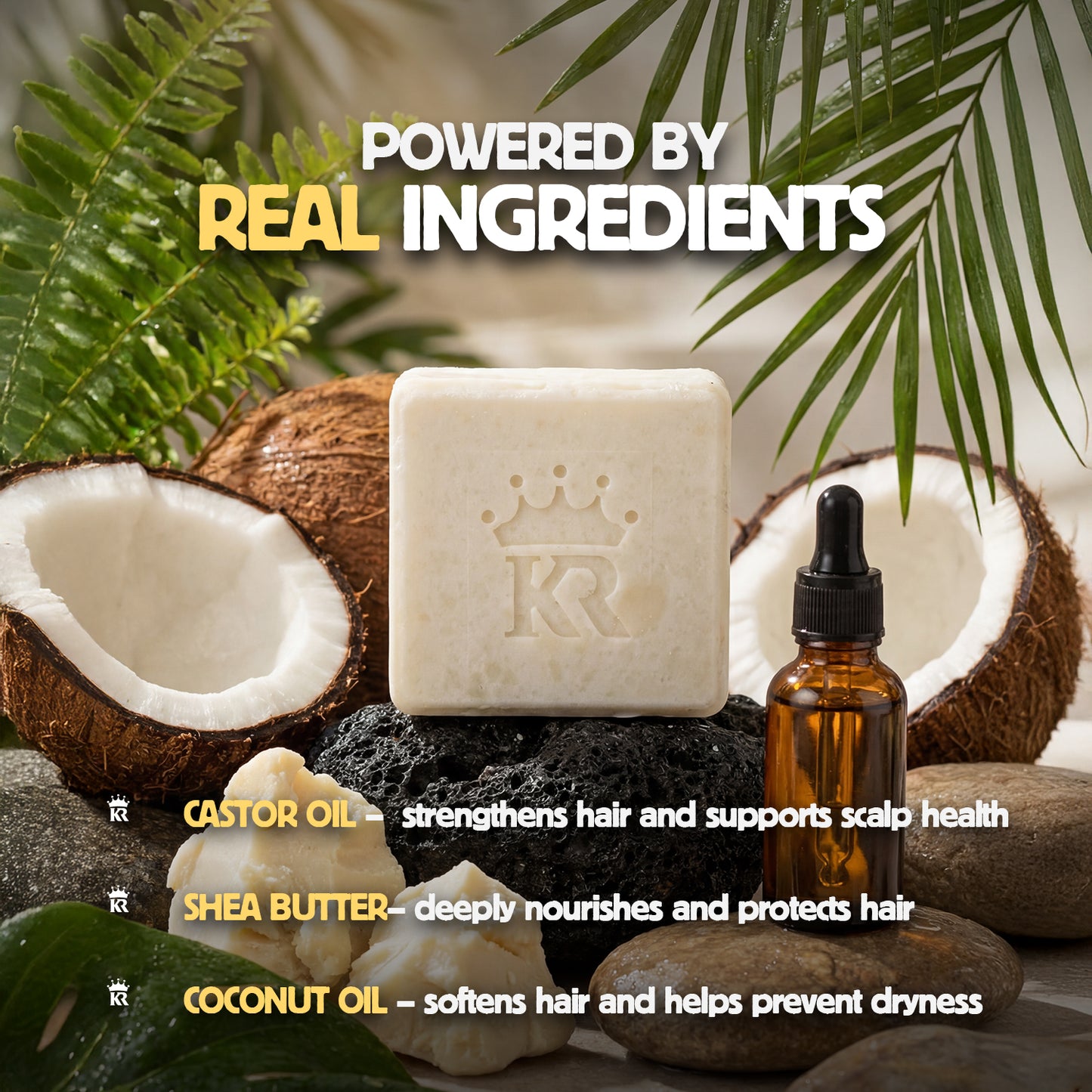 Bar of soap with a bottle of oil, surrounded by coconuts and leaves, with text about ingredients.