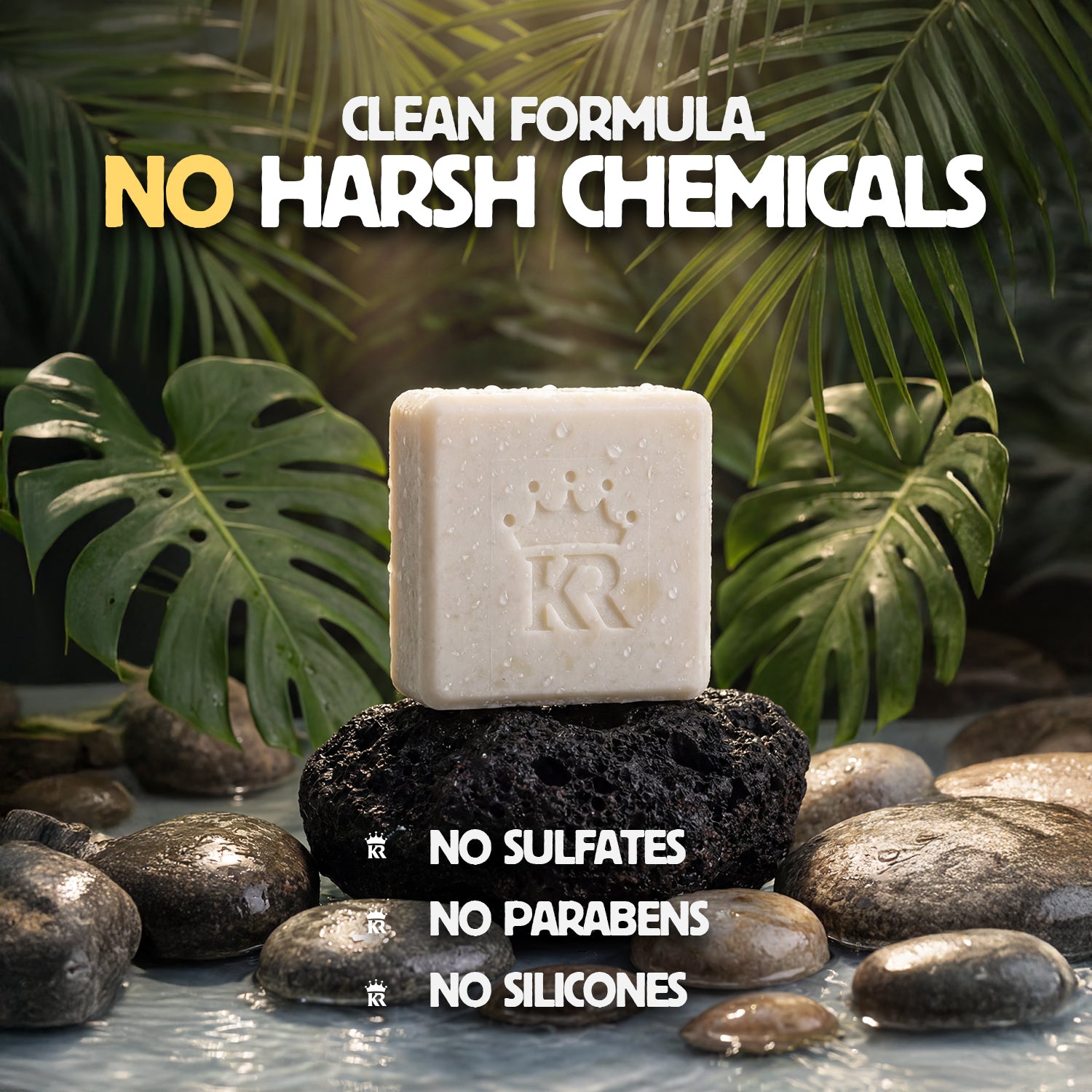 Bar of soap with a brand logo on a bed of stones and leaves, emphasizing natural ingredients.