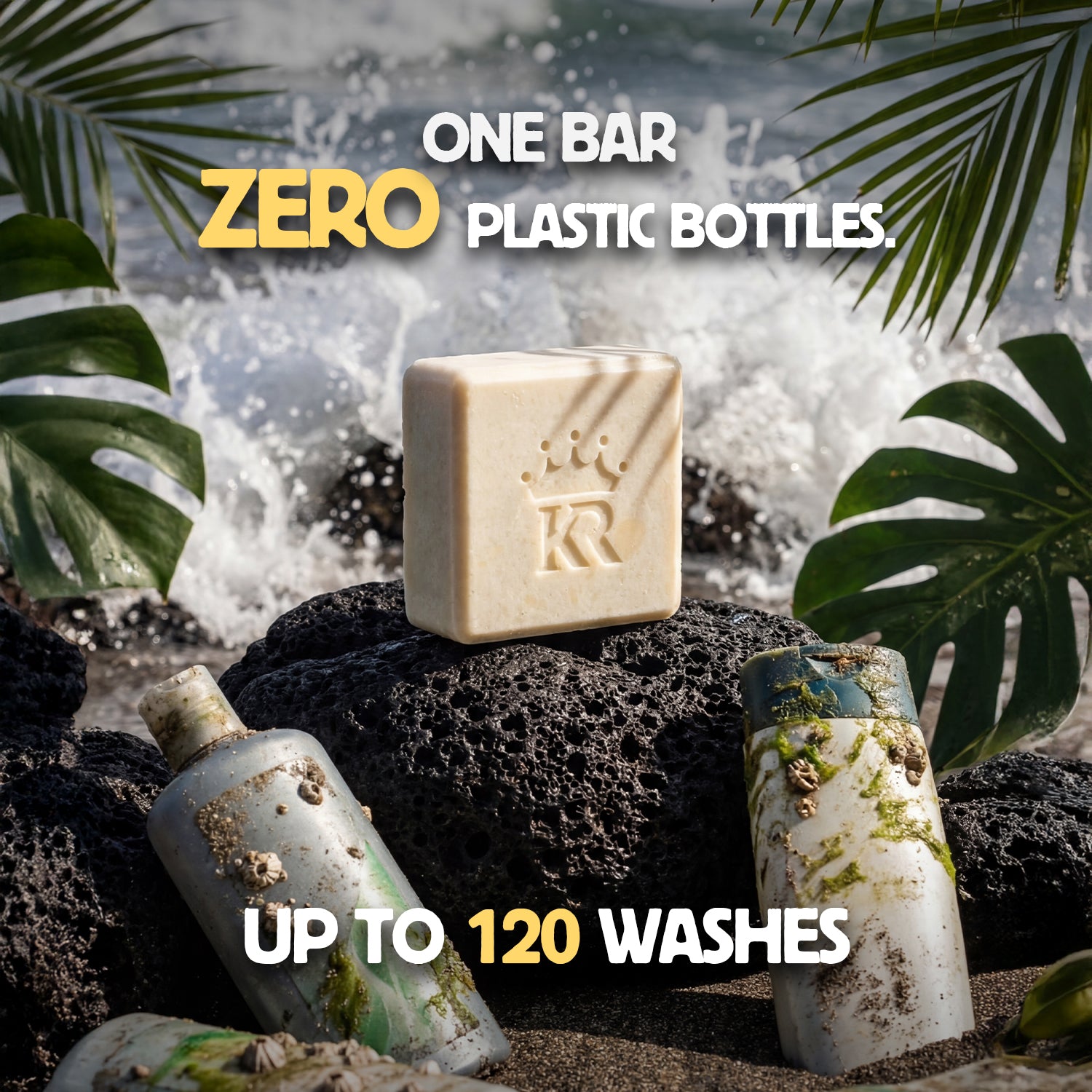 Bar of soap with 'KR' logo on a natural background with text about sustainability.