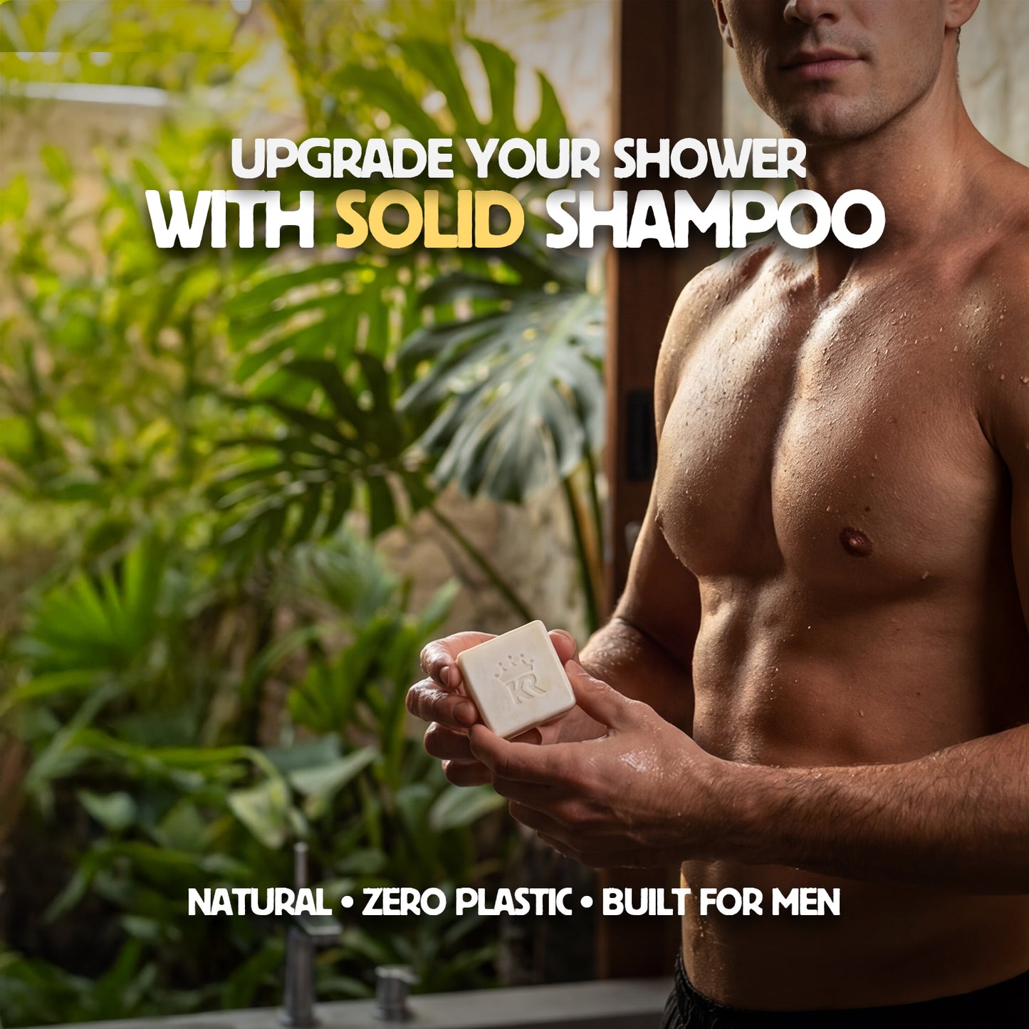 Man holding a bar of solid shampoo with text promoting natural, zero plastic, and men-specific products.