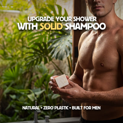 Man holding a bar of solid shampoo with text promoting natural, zero plastic, and men-specific products.