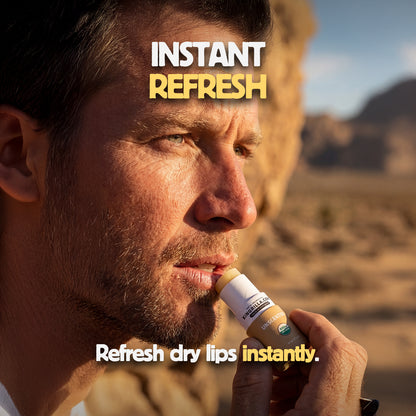 Man applying lip balm with desert landscape in the background