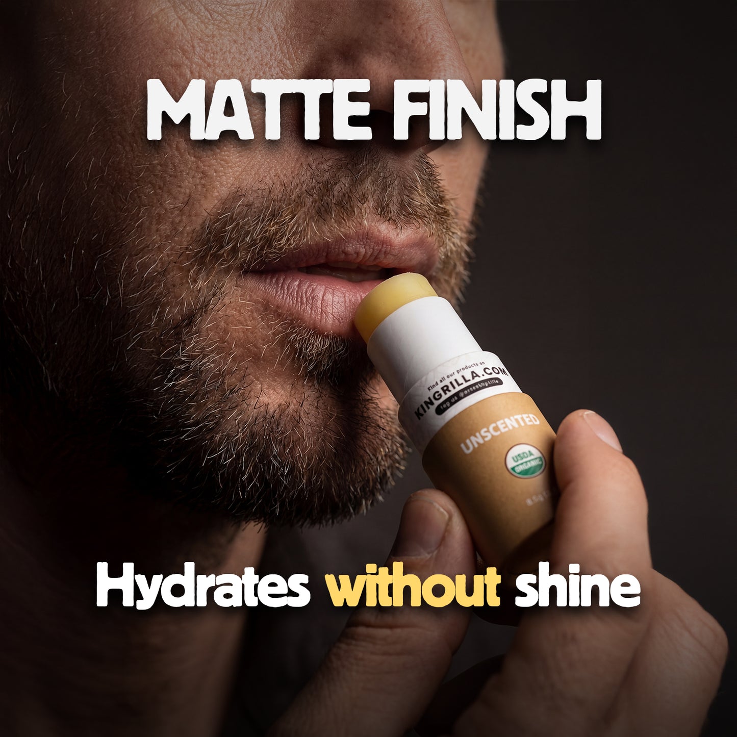 Hand holding a lip balm with text about matte finish and hydration.