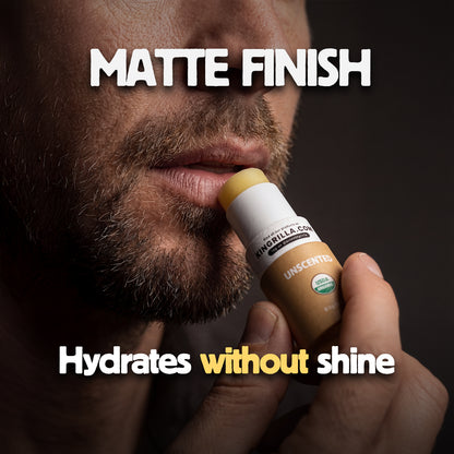 Hand holding a lip balm with text about matte finish and hydration.