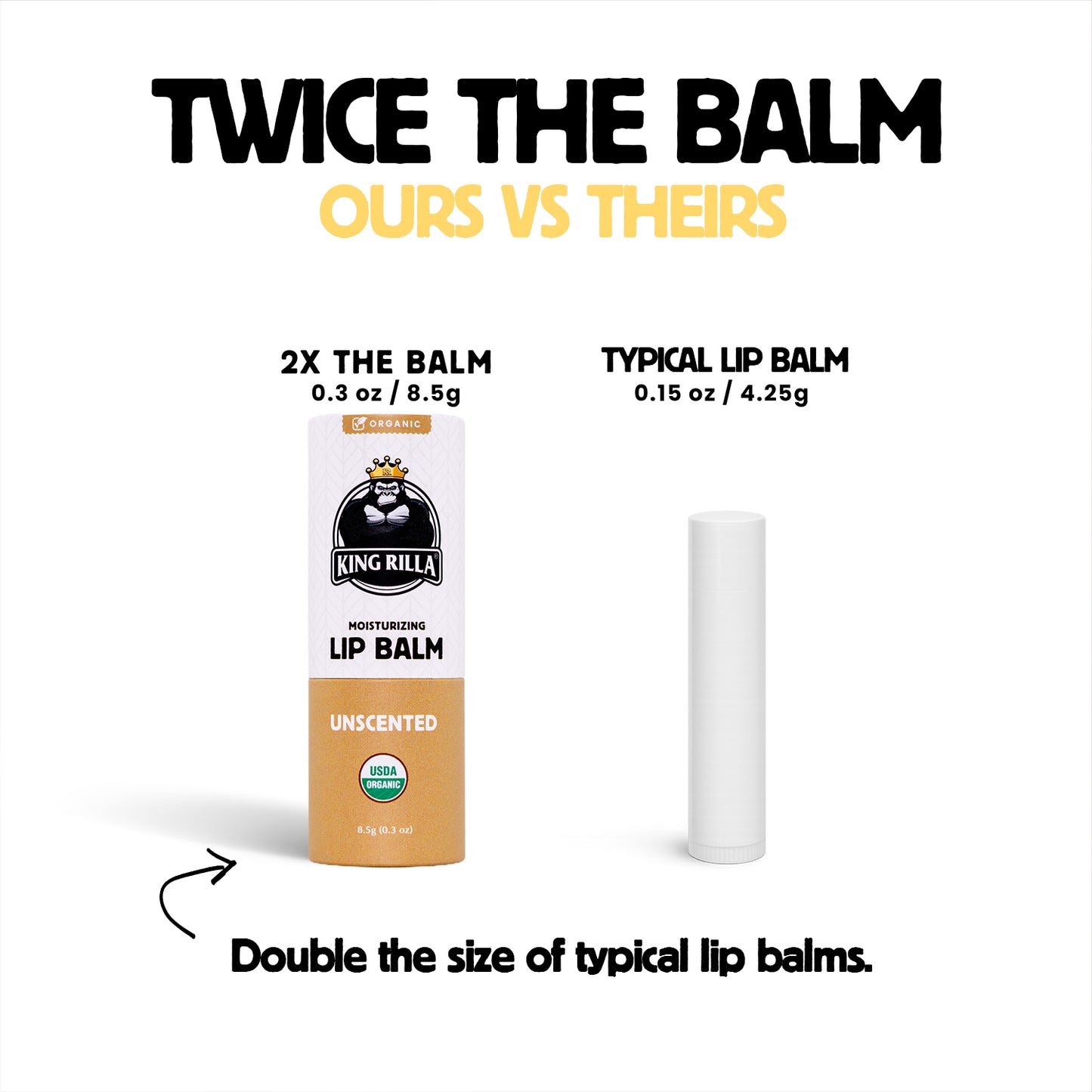 Comparison of King Rilla lip balm with a typical lip balm showing size difference.