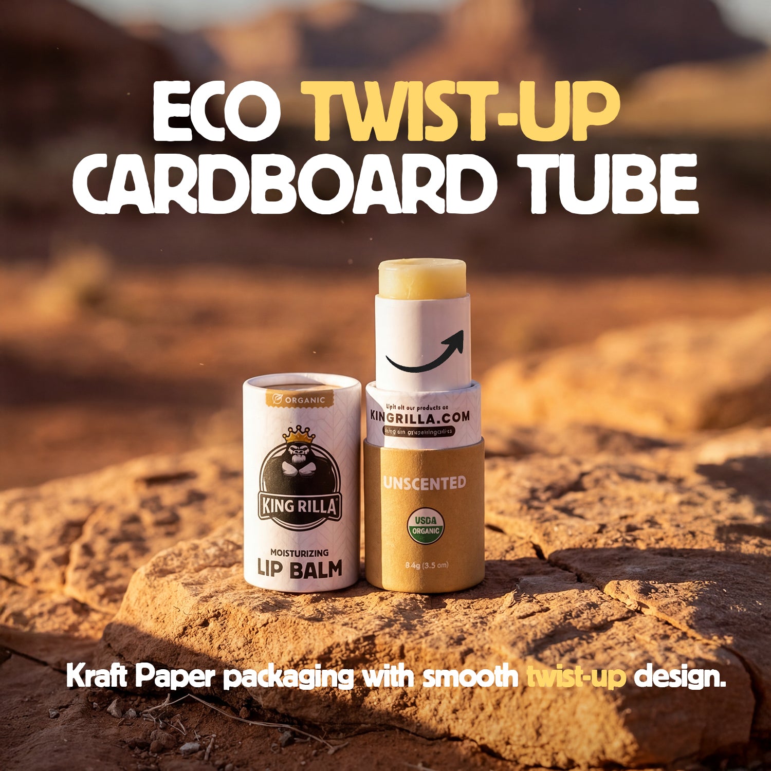 Two lip balm containers on a rock with desert landscape in the background, featuring 'King Rilla' branding.
