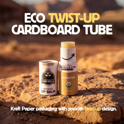 Two lip balm containers on a rock with desert landscape in the background, featuring 'King Rilla' branding.