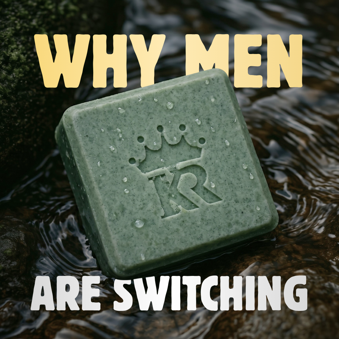 Green bar of soap with a logo on a dark, textured background with text overlay.