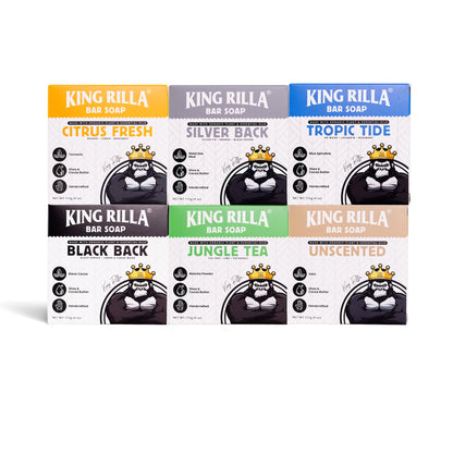 King Rilla bar soap packaging with various scents on a white background