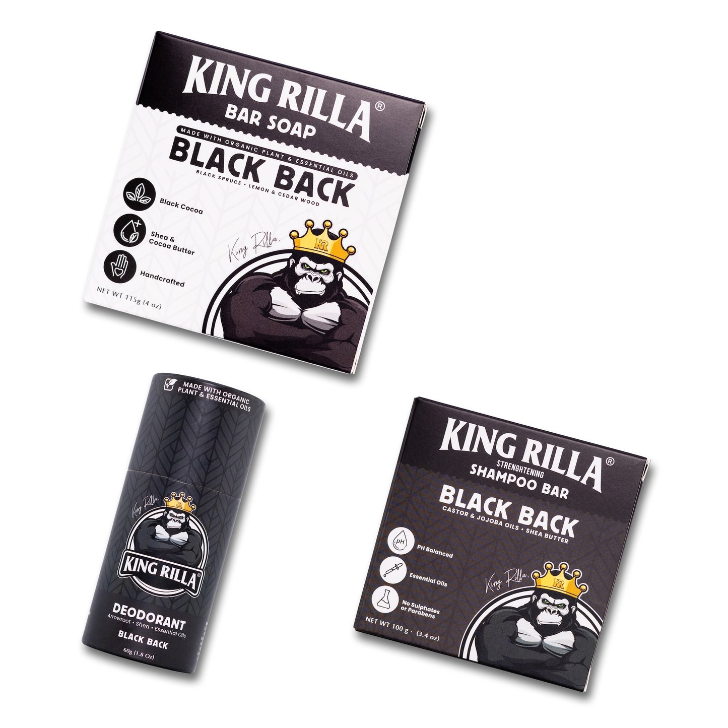 King Rilla Black Back soap, shampoo bar, and deodorant packaging on a white background