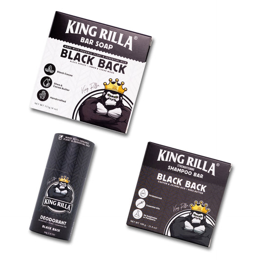 King Rilla Black Back soap, shampoo bar, and deodorant packaging on a white background