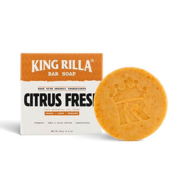 King Rilla Citrus Fresh soap and orange carton on white