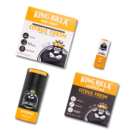 Collection of King Rilla Citrus Fresh products including soap, shampoo bar, deodorant, and lip balm on a white background.