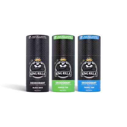 Three King Rilla deodorant sticks with different colored labels on a white background