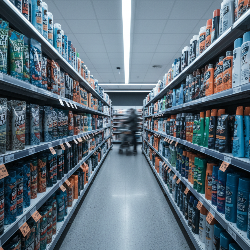 Supermarket aisle with shelves stocked with various products