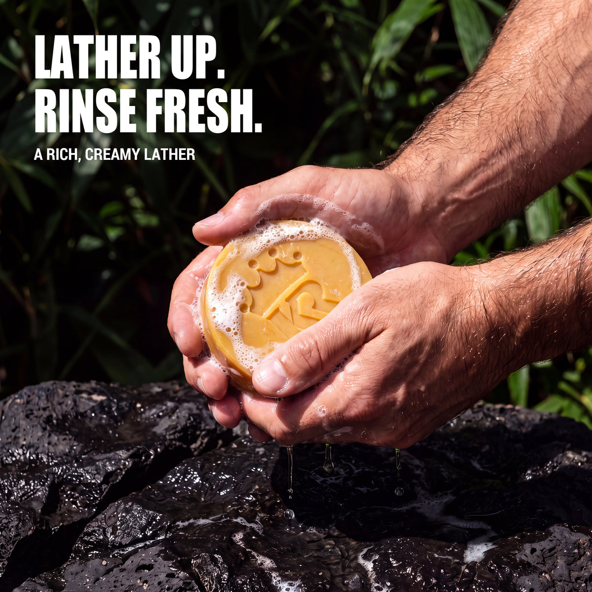 Jungle Tea soap lathering in men's hands