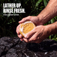Jungle Tea soap lathering in men's hands