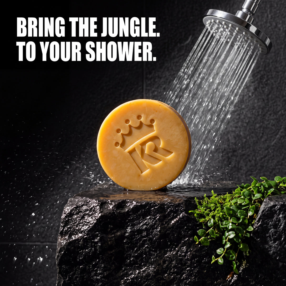 Jungle Tea bar soap in a dark volcanic stone shower