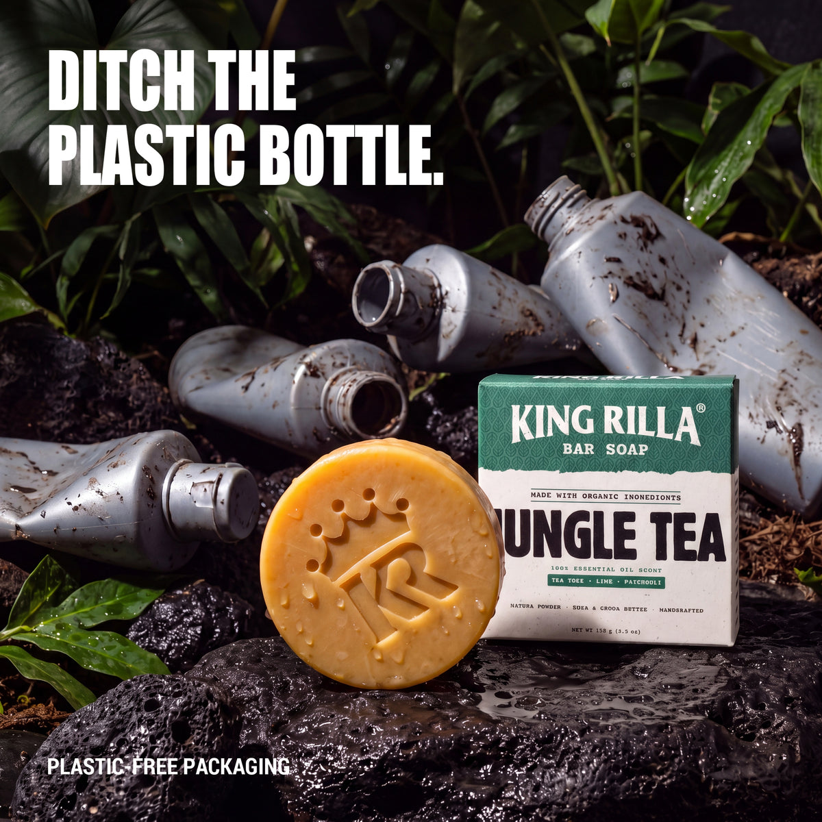Jungle Tea plastic-free packaging with discarded plastic bottles