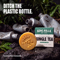 Jungle Tea plastic-free packaging with discarded plastic bottles