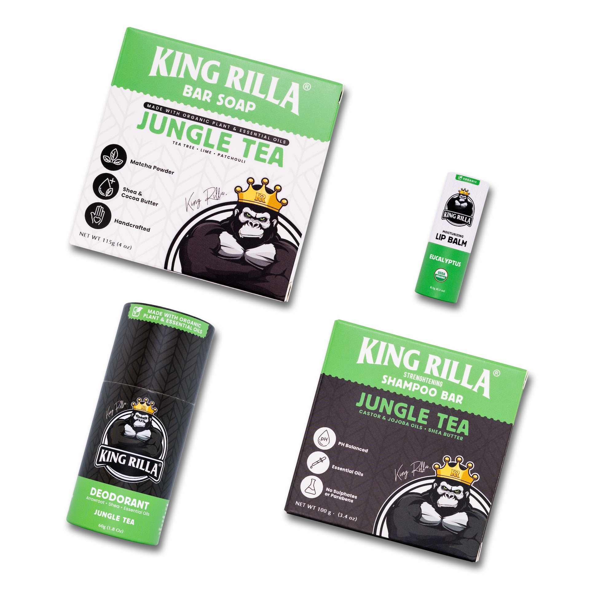 King Rilla Jungle Tea product line including soap, shampoo bar, deodorant, and lip balm on a white background.