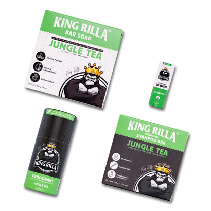 King Rilla Jungle Tea product line including soap, shampoo bar, deodorant, and lip balm on a white background.