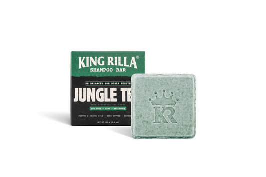 King Rilla Jungle Tea shampoo bar beside its box on white
