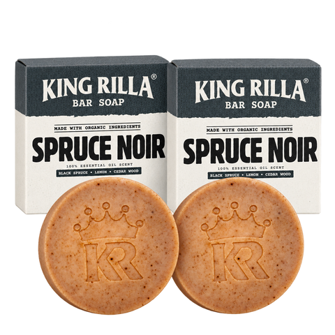 2 spruce noir soap bars with 2 matching boxes