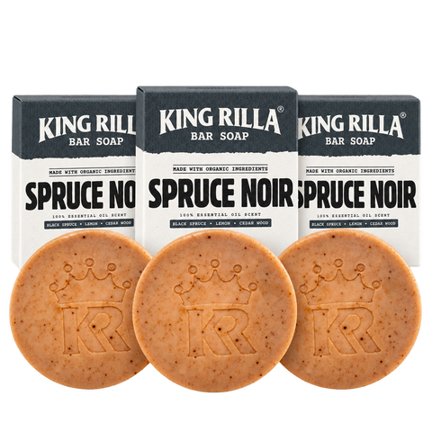 3 spruce noir soap bars with 3 matching boxes