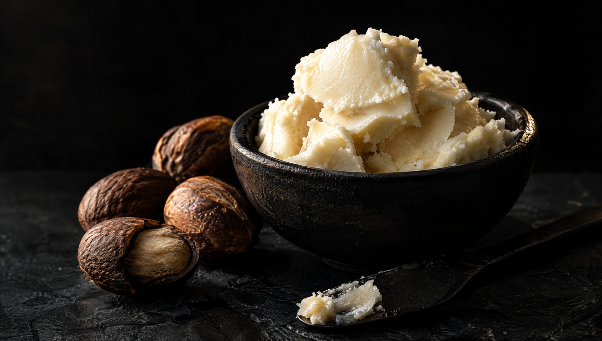 Raw shea butter and shea nuts in a black ceramic dish against a dark background.