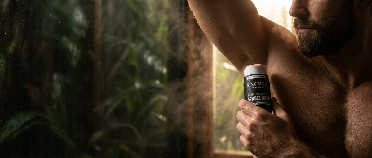 Man applying King Rilla Spruce Noir deodorant beside a steamy bathroom window