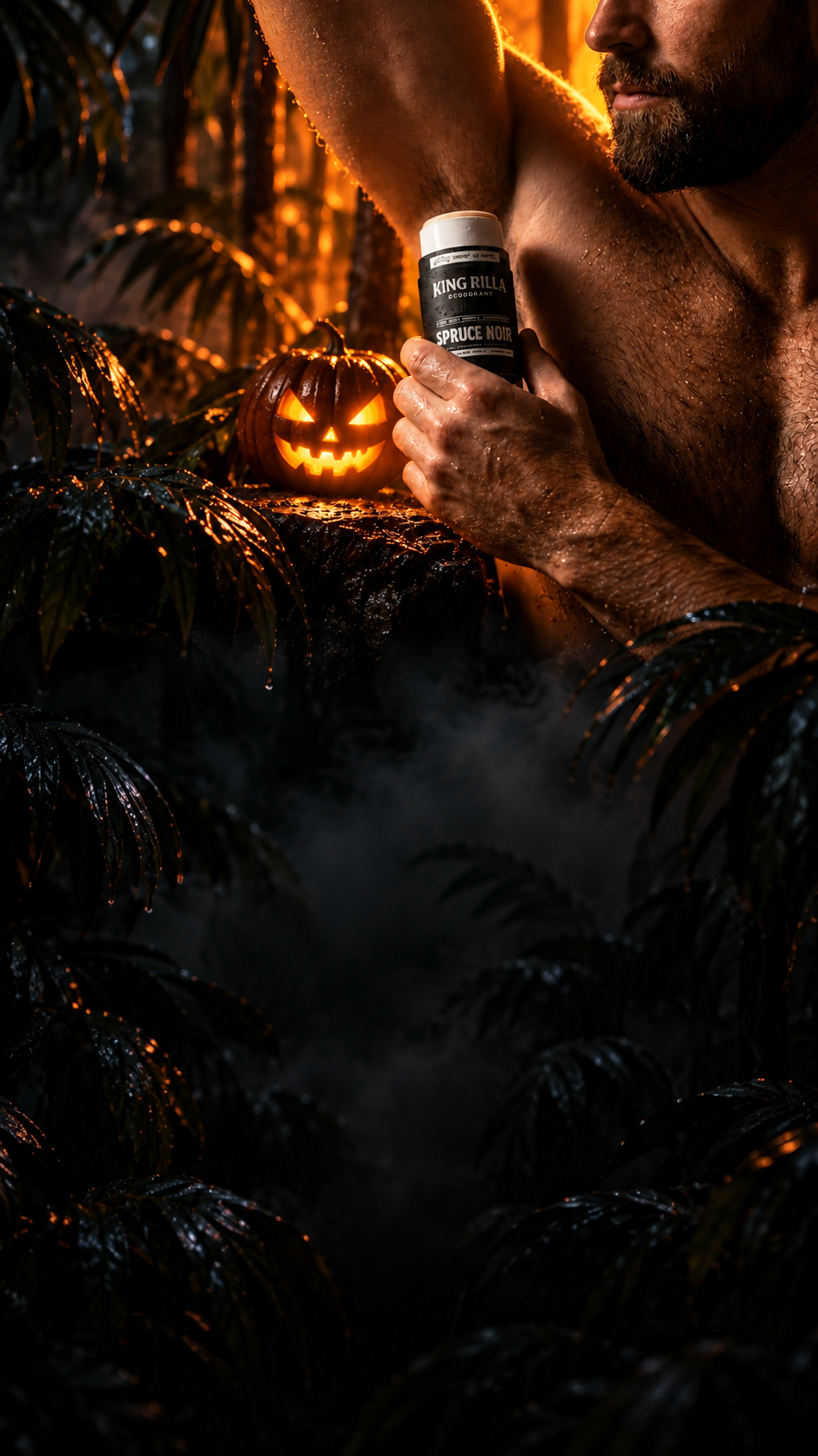 Man applying King Rilla Spruce Noir deodorant in a misty jungle with warm orange lighting and a glowing Halloween pumpkin.