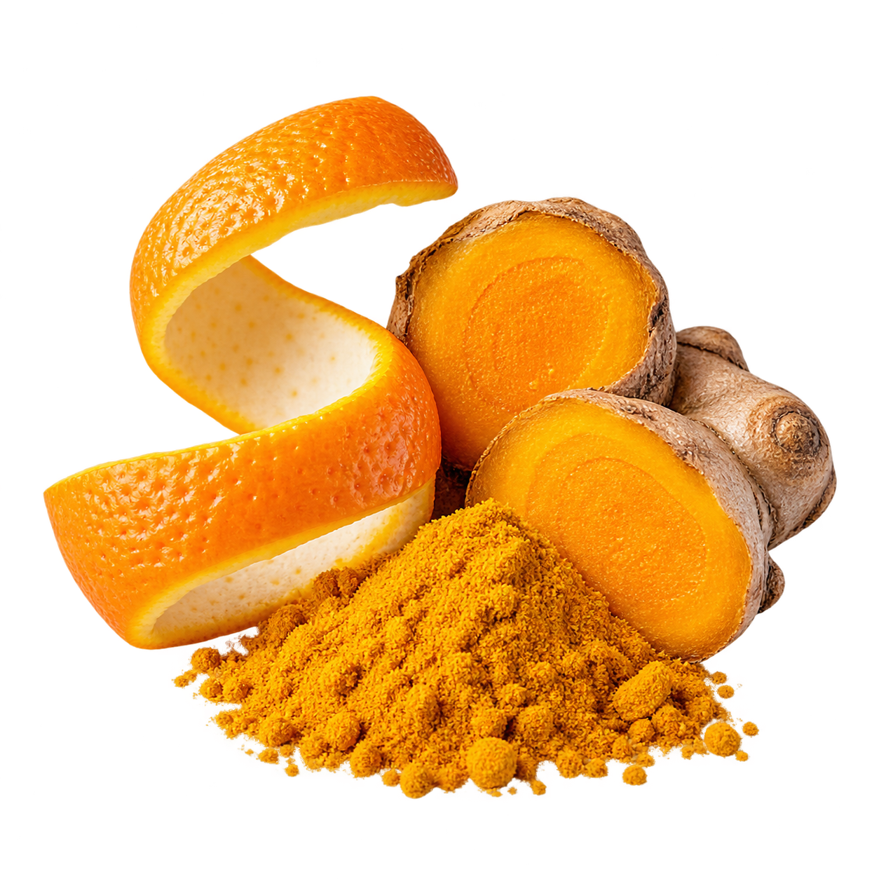 a small curled strip of fresh orange peel beside two turmeric root slices and a compact golden turmeric powder mound