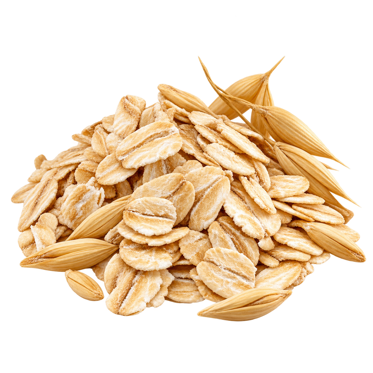 a compact pile of rolled oat flakes with a few whole oat grains