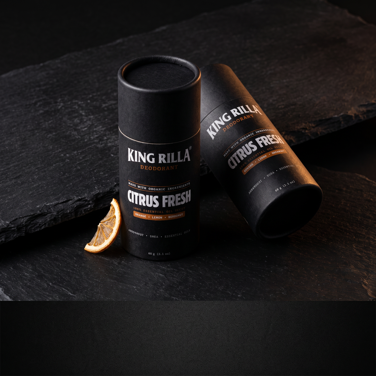 King Rilla Citrus Fresh deodorants on dark stone