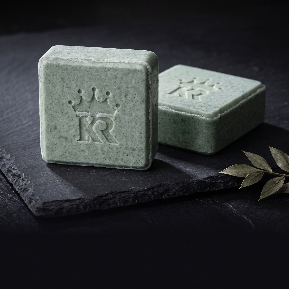 Green King Rilla shampoo bars on dark stone