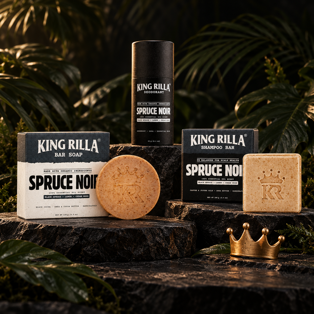 King Rilla Spruce Noir grooming products on dark stone beside a small gold crown.