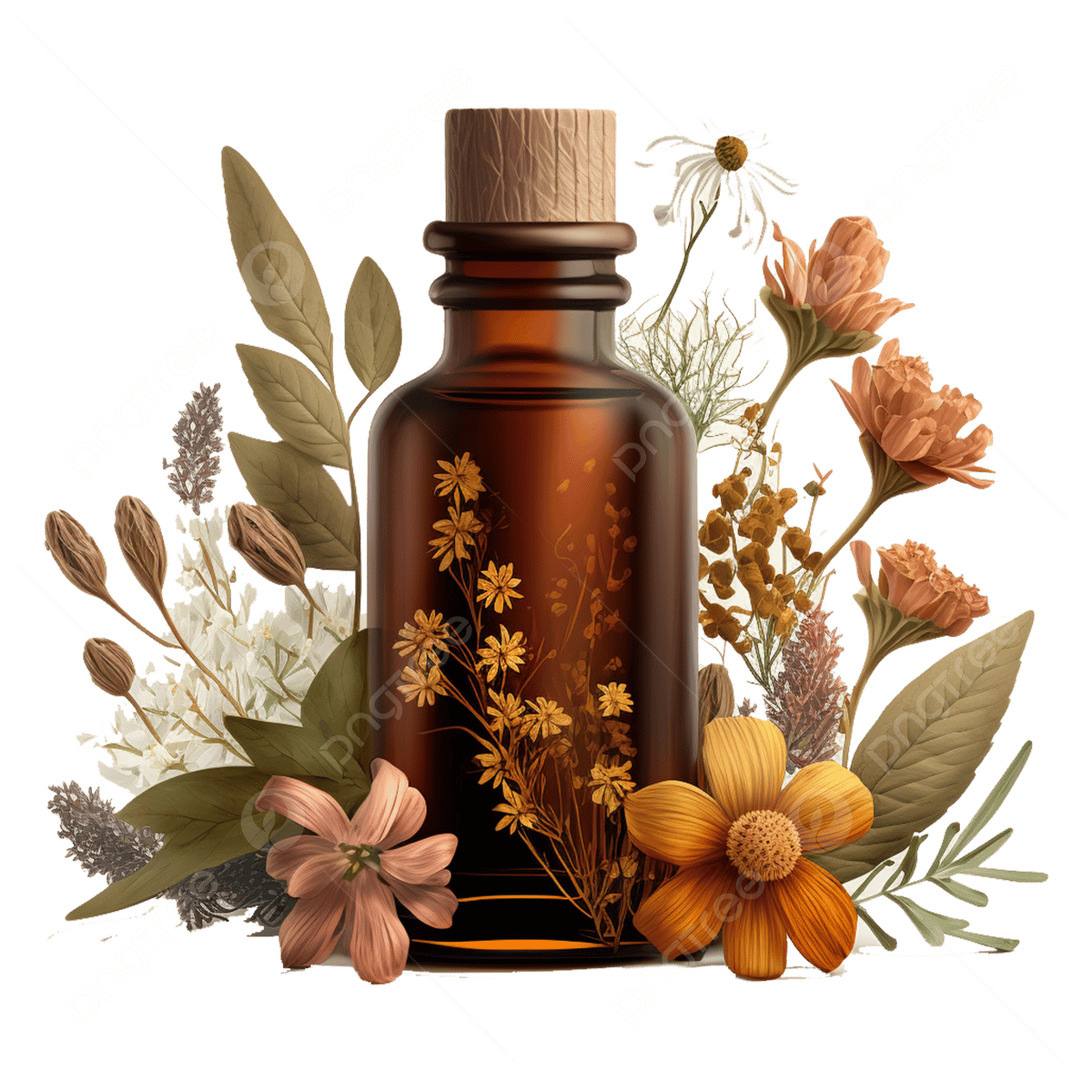 Brown essential oil bottle surrounded by flowers and leaves on a black background