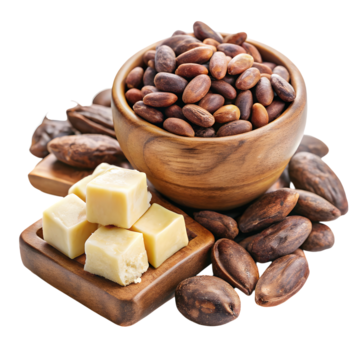 Wooden bowl with cocoa beans, a wooden tray with chocolate pieces, and scattered cocoa beans on a white background.