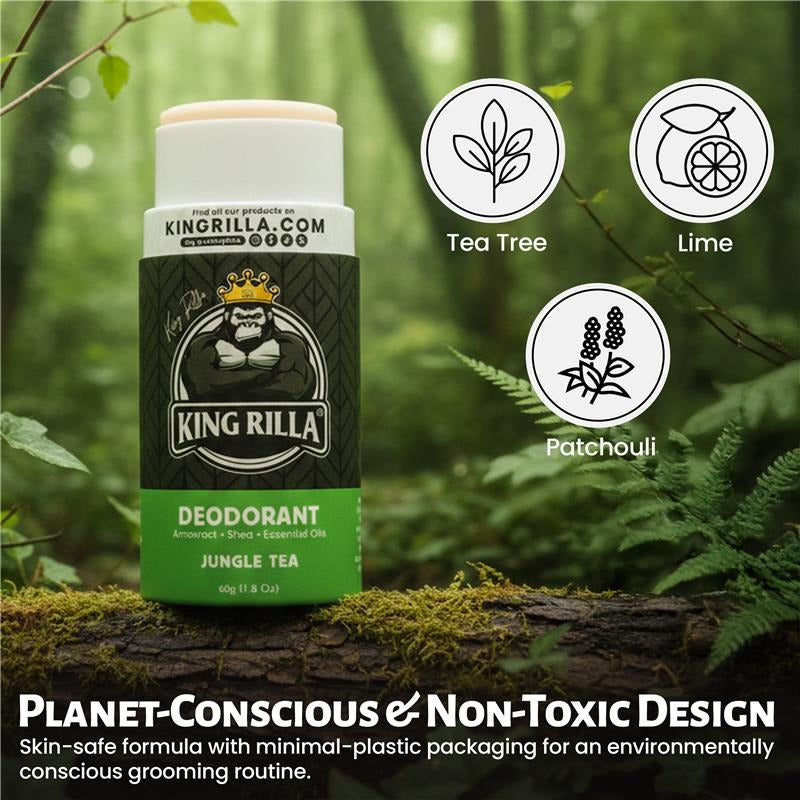 King Rilla deodorant stick with natural ingredients on a green leafy background