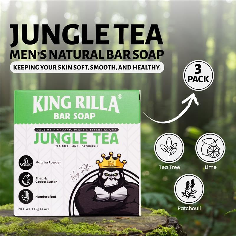 King Rilla Jungle Tea men's natural bar soap packaging with a forest background