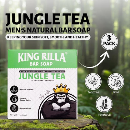 King Rilla Jungle Tea men's natural bar soap packaging with a forest background