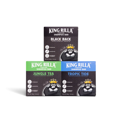 Three King Rilla shampoo bar boxes on a white background