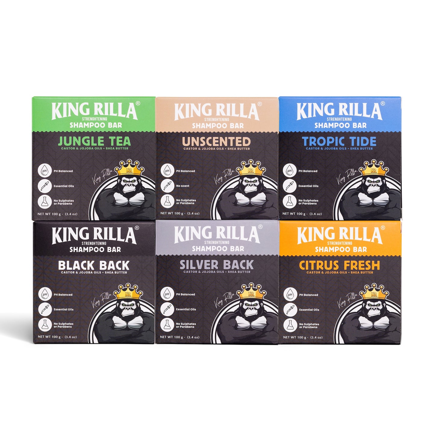 King Rilla shampoo bars packaging with various scents on a white background