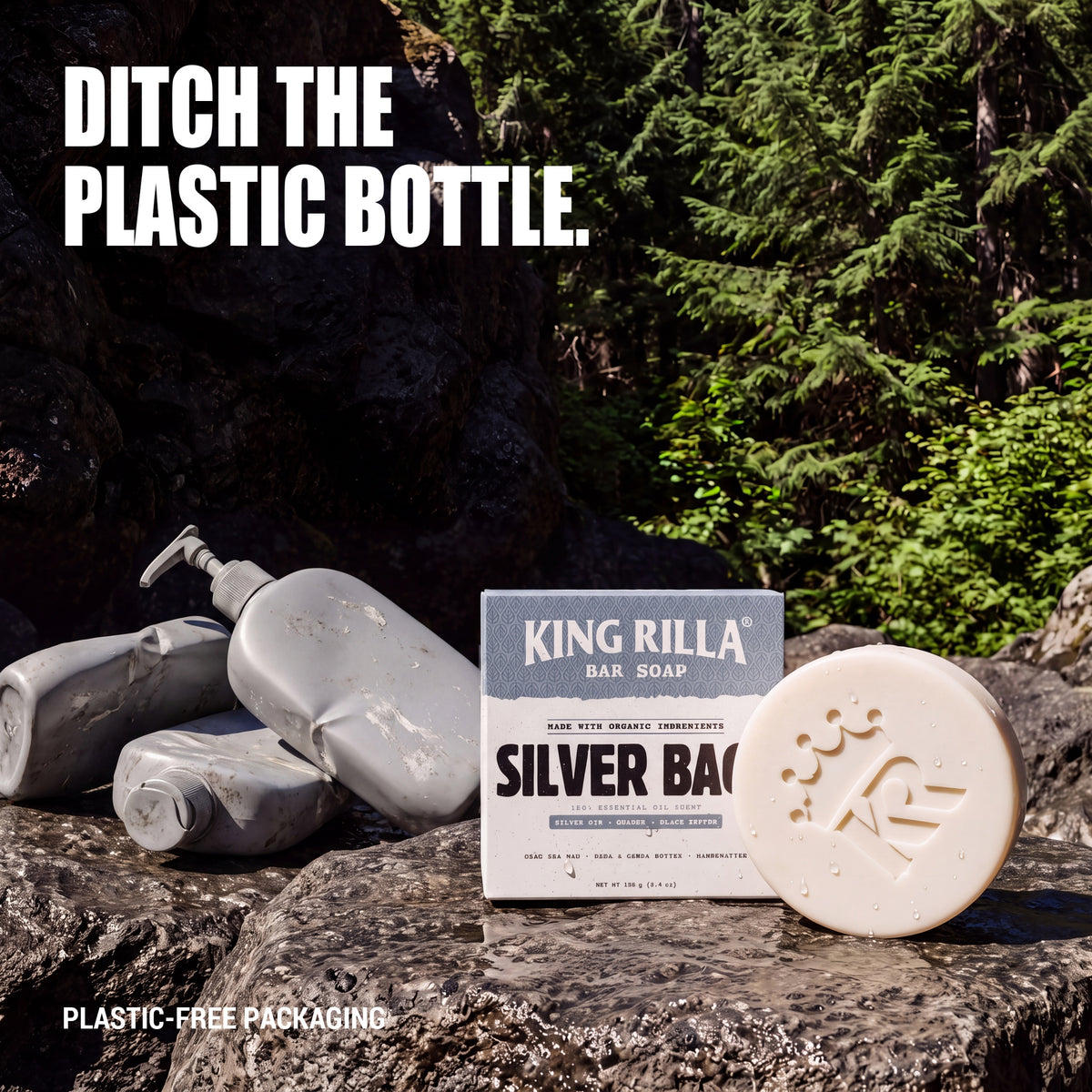Silver Back bar soap and plastic-free carton beside discarded liquid hand soap and body wash dispenser bottles