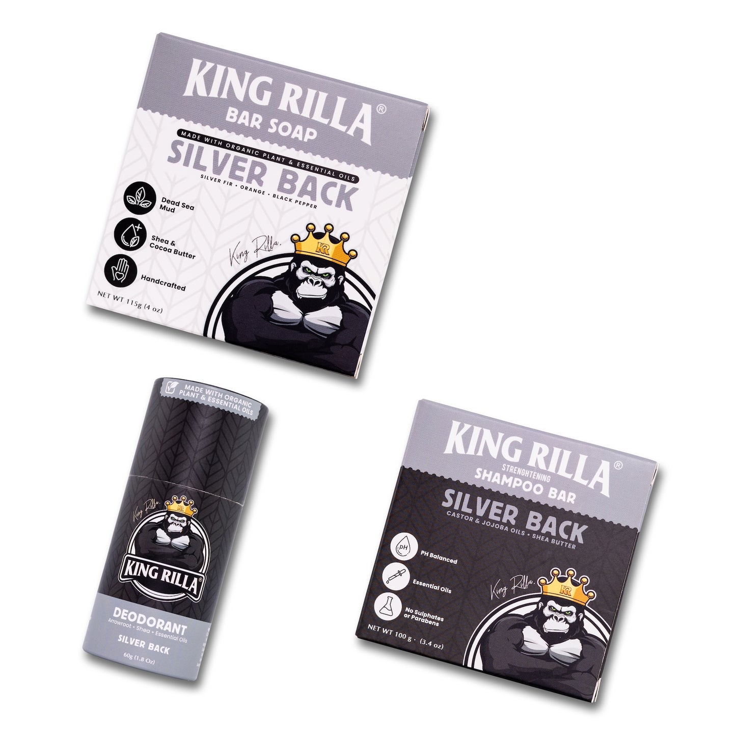 King Rilla Silver Back soap, shampoo bar, and deodorant packaging on a white background