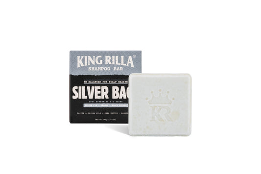 King Rilla Silver Back shampoo bar beside its box on white