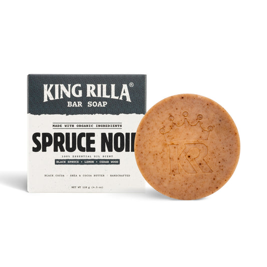 King Rilla Spruce Noir soap and charcoal carton on white