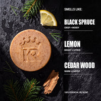 Spruce Noir soap scent notes: black spruce, lemon and cedar wood