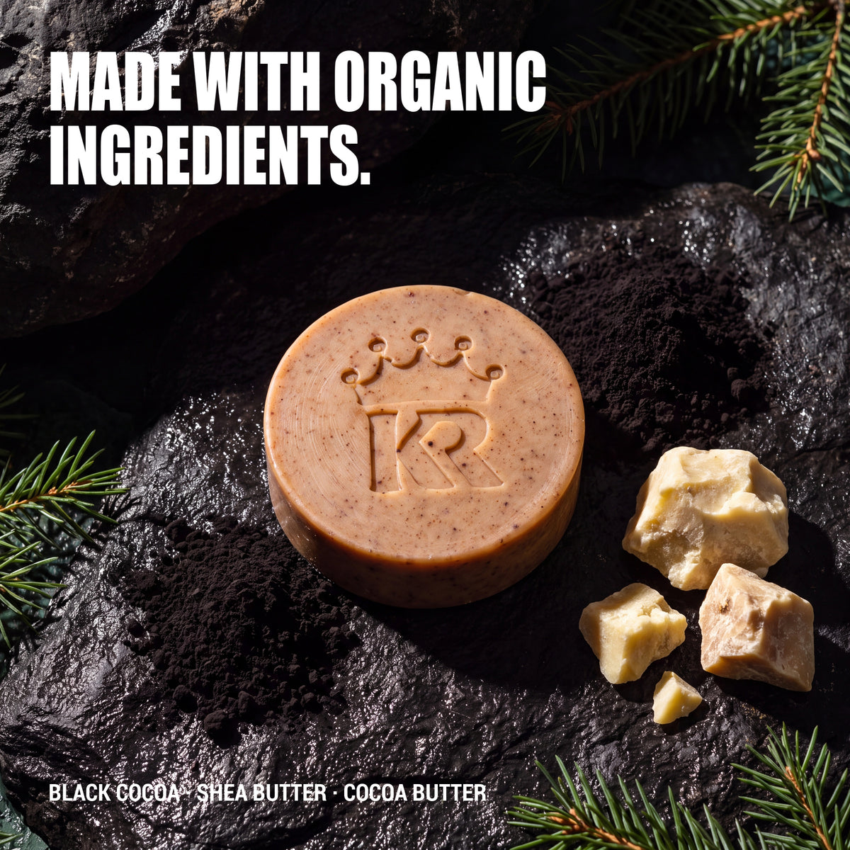 Spruce Noir soap with black cocoa, shea butter and cocoa butter